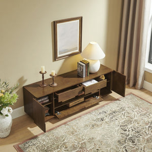 English Elm 59" Mid-century Walnut Entertainment Center Low Profile Media Console with Carved Cabinets W1801P457802