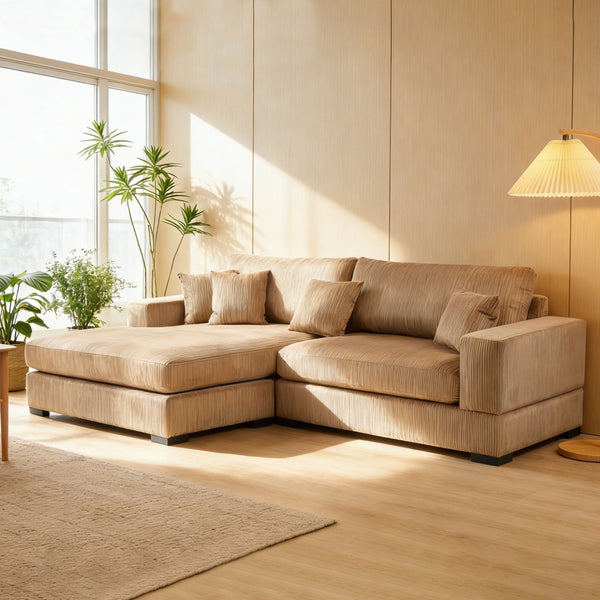 English Elm Mid Century Modern 3 Seater Sectional Sofa with Reversible Chaise and Accent Pillows Brown W876S00348