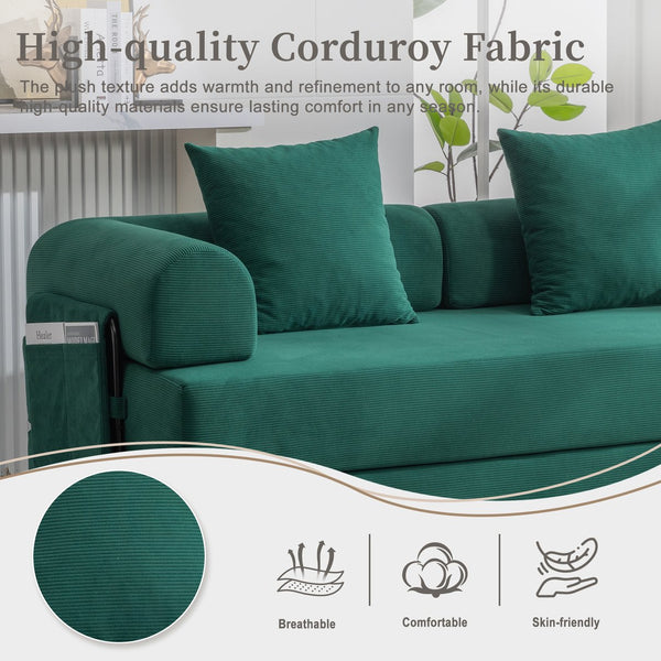 English Elm UNITED modular foldable sofa with metal frame, corduroy upholstery, side pocket & quick assembly convenience Emerald W1568P375638