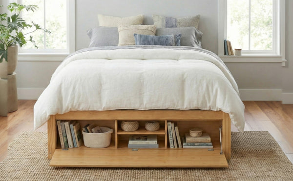 English Elm Queen Platform Storage Bed with Hydraulic Lift Footboard and Four Drawers Antique Finish Natural LP000139AAN