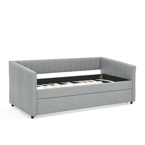 English Elm Twin Size Daybed With Trundle - Stylish Grey Linen Upholstered Sofa Bed With Vertical Stripes W1413S00089-GIGA
