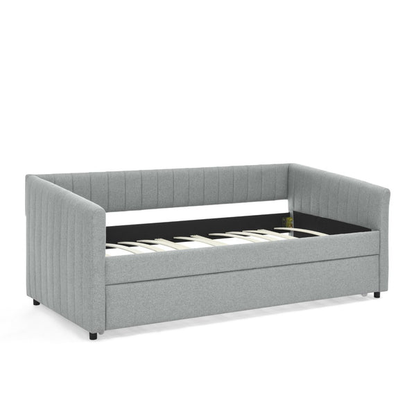 English Elm Twin Size Daybed With Trundle - Stylish Grey Linen Upholstered Sofa Bed With Vertical Stripes W1413S00089-GIGA