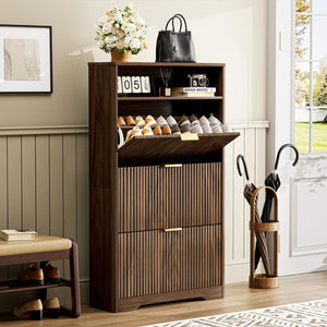 English Elm Shoe Cabinet Slim Entryway Organizer with Flip Compartments Wave Front and Gold Hardware Walnut W1162P384347