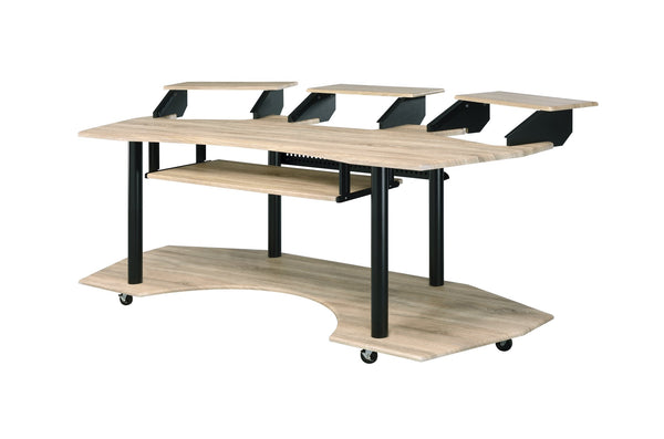 English Elm 83" Eleazar Black music recording studio desk with keyboard storage, metal frame, casters, pro workspace Oak 39 L x 19 W x 4 H B2726S00136