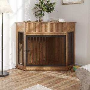 English Elm 44.6'' Corner Mdf Dog Kennel Cabinet with Fluted Drawer End Table for Modern Living Natural Walnut W5216P415905