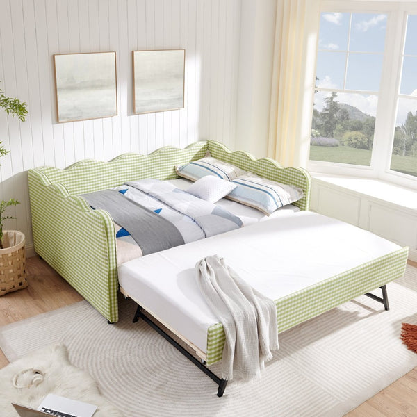 English Elm Full Size Gingham Linen Daybed with Wave Backrest Trundle and Usb Charging Port Green W1413S00139