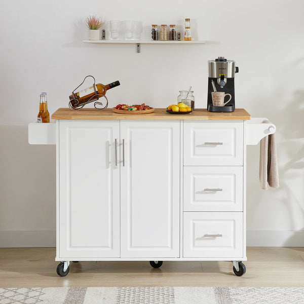 English Elm Kitchen Island Cart with Drop-Leaf Rubberwood Countertop, Rolling Tower Rack, Drawers & Spice Storage White W1820P195005