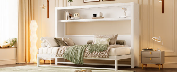 English Elm Twin Size Murphy Bed With Shelves - Space-Saving Metal Wall Bed Design For Stylish Small Rooms W1580S00275-GIGA