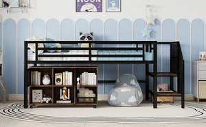 English Elm Twin Metal Loft Bed with Stairs and Six Storage Cubbies, Sturdy Metal Slat Support, Safe Low Design for Kids Black 75.2 L x 17.72 W x 9.45 H W2593P305749