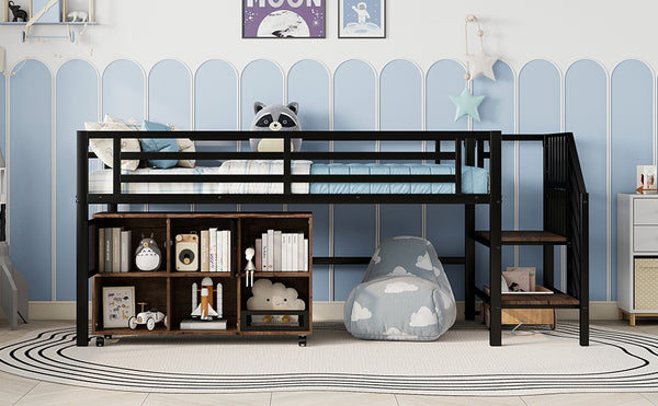 English Elm Twin Metal Loft Bed with Stairs and Six Storage Cubbies, Sturdy Metal Slat Support, Safe Low Design for Kids Black 75.2 L x 17.72 W x 9.45 H W2593P305749