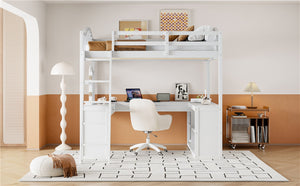 English Elm Full Wood Loft Bed with Wraparound Study Desk Built-in Storage and Vanity Mirror N708S00008K