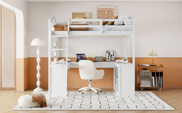 English Elm Full Wood Loft Bed with Wraparound Study Desk Built-in Storage and Vanity Mirror N708S00008K