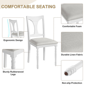 English Elm 7-Piece Extendable Dining Set with Removable Leaf and 6 Upholstered Chairs, Solid Rubberwood Legs, Seats 6 Natural+White N752S000030K