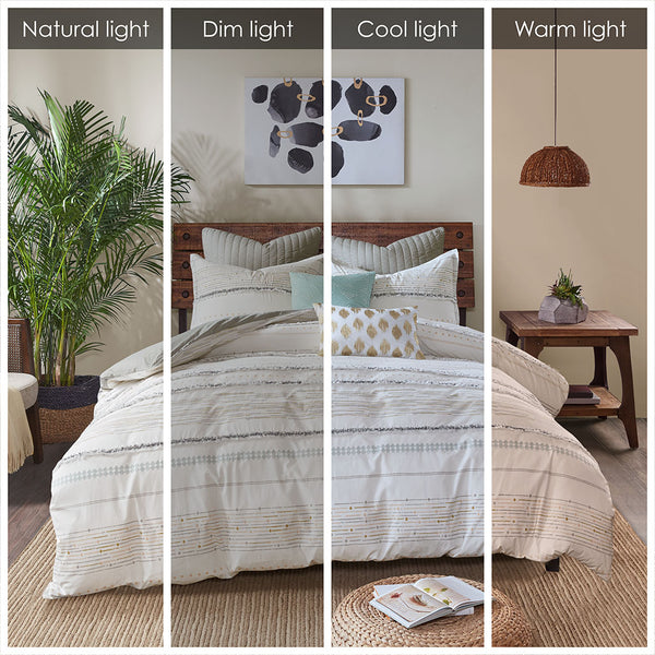 JLA Home INK+IVY - Cotton Boho Tassel Comforter Set with Breathable 100% Cotton, Printed Stripes, Flanged Shams, Antimicrobial Finish Off White/Gray II10-1057