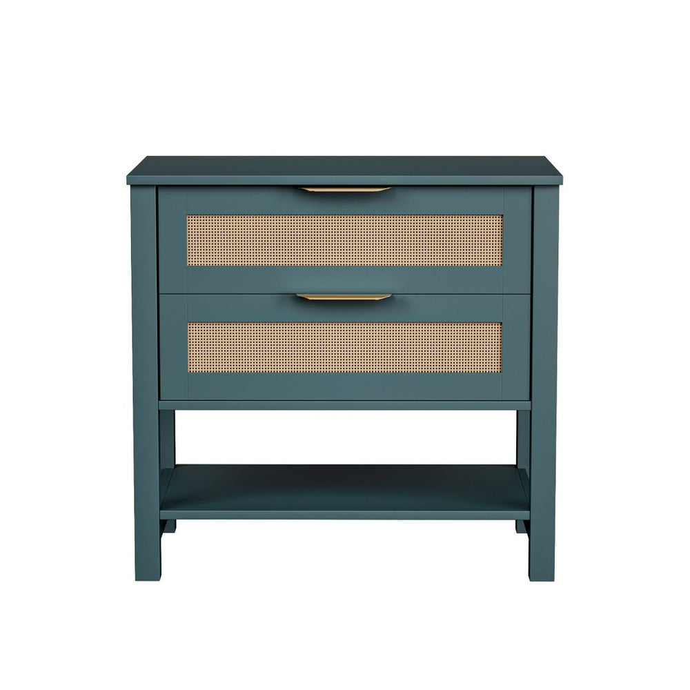 English Elm Rattan Front Boho Coastal Nightstand with Gold Pulls Open Shelf and Woven Drawer Accents Green T3210P471550