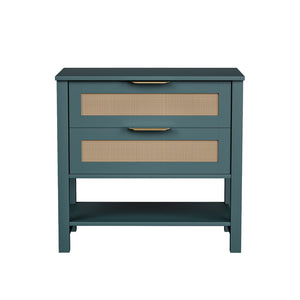 English Elm Rattan Front Boho Coastal Nightstand with Gold Pulls Open Shelf and Woven Drawer Accents Green T3210P471550