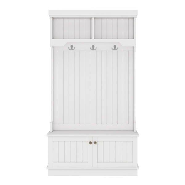 English Elm Hall Tree Entryway Organizer with Shoe Bench and 4-in-1 Coat Rack Hooks, Elegant Storage for Hallways White W1580P327001