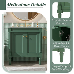 English Elm 30" French Style Bathroom Vanity with Ceramic Basin Soft Close Doors Wood Legs Green N710P415327F