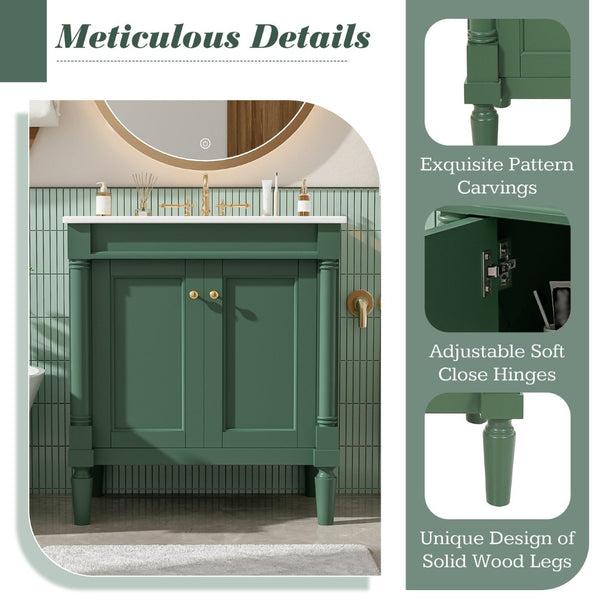 English Elm 30" French Style Bathroom Vanity with Ceramic Basin Soft Close Doors Wood Legs Green N710P415327F