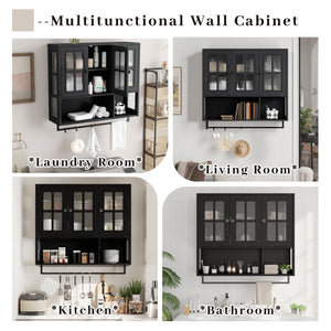 English Elm Bathroom Wall Cabinet with 3 Doors and Glass Panel, MDF Storage Cabinet with Towel Bar, Modern 35.6"L x 10.2"W x 32.5"H Black W757P329724