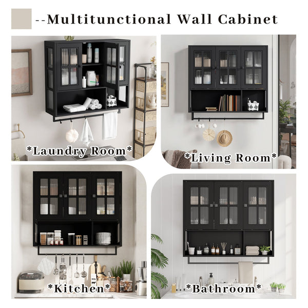 English Elm Bathroom Wall Cabinet with 3 Doors and Glass Panel, MDF Storage Cabinet with Towel Bar, Modern 35.6"L x 10.2"W x 32.5"H Black W757P329724