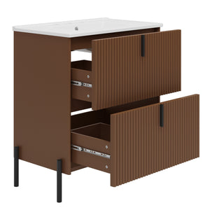 English Elm Christopher Knight Home® - 30" Elegant Freestanding Bathroom Vanity With Glossy Ceramic Sink, Soft-Close Drawers & Fluted Design N817P288931D
