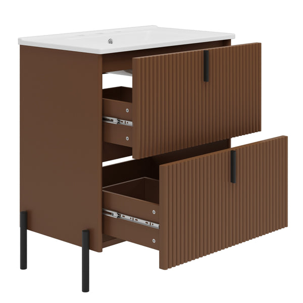 English Elm Christopher Knight Home® - 30" Elegant Freestanding Bathroom Vanity With Glossy Ceramic Sink, Soft-Close Drawers & Fluted Design N817P288931D