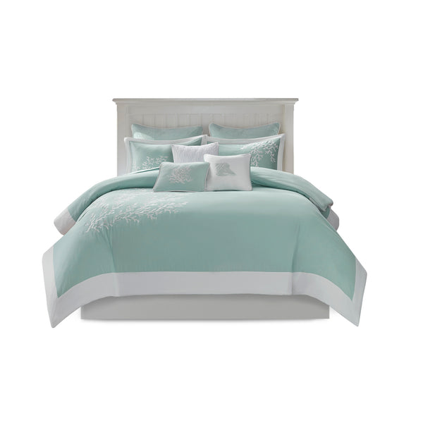 English Elm Duvet Harbor House Coastline Full/Queen Cotton Jacquard with Embroidered Coral Motif and Border Aqua 11.42 L x 10.04 W x 7.48 H B03595775