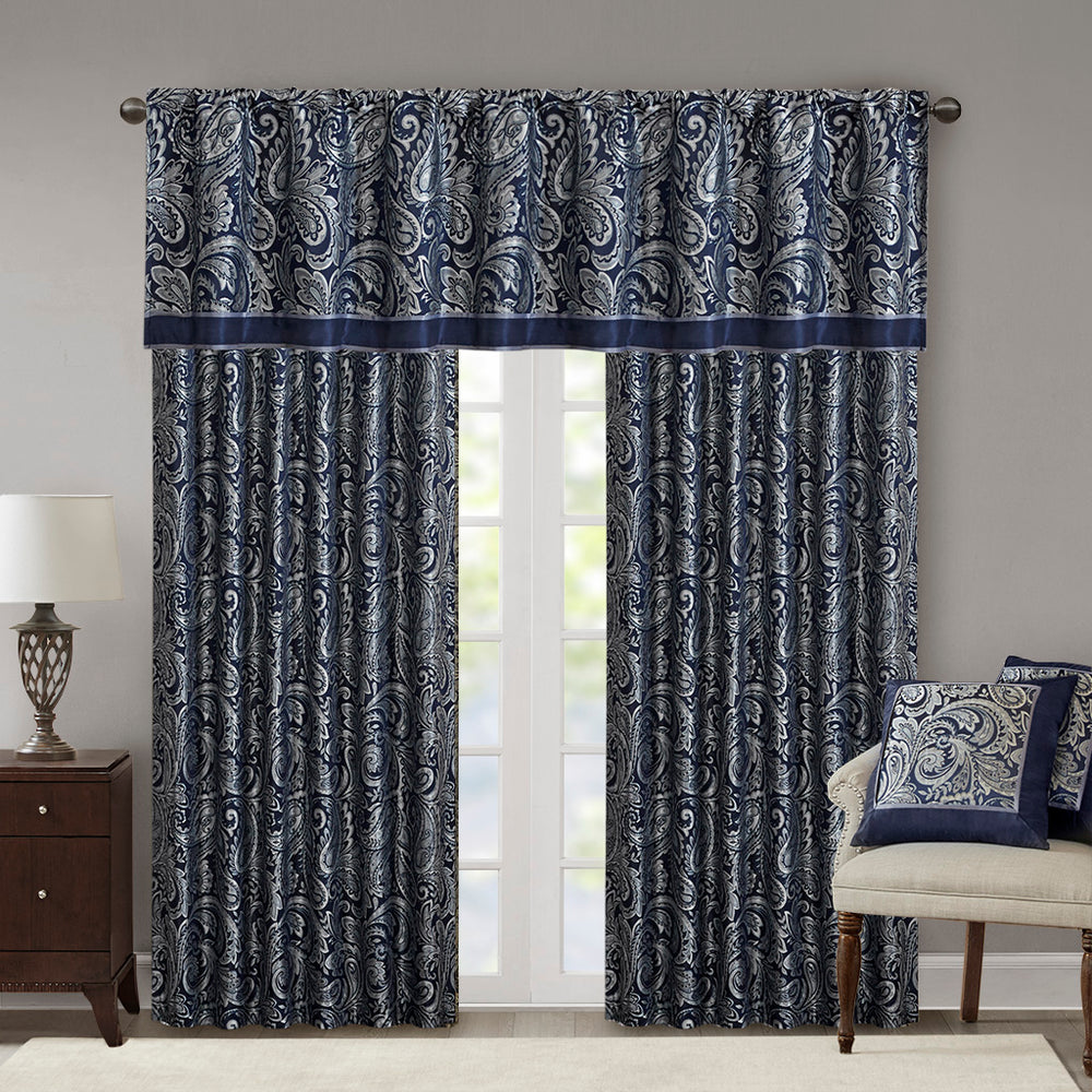 JLA Home Madison Park - Jacquard Window Valance with Paisley-Inspired Weave, Metallic Accents, Faux Silk Trim, OEKO-TEX Safe Navy MP41-4899