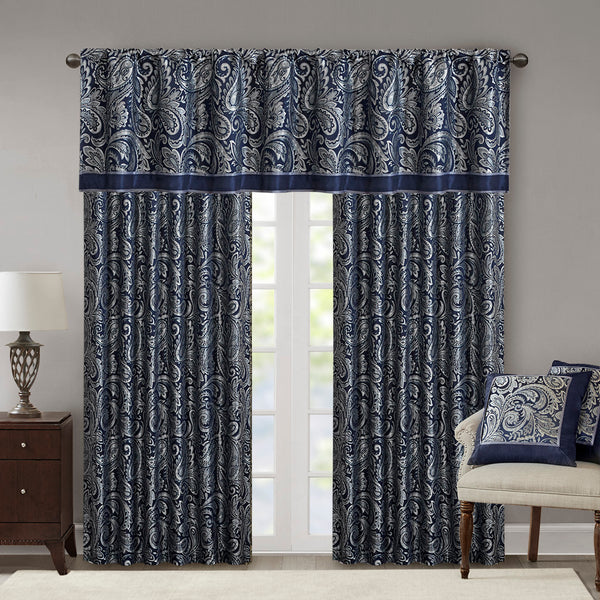 JLA Home Madison Park - Jacquard Window Valance with Paisley-Inspired Weave, Metallic Accents, Faux Silk Trim, OEKO-TEX Safe Navy MP41-4899