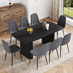 English Elm Table And Chair Set - Elegant Black Wood Grain Mdf Table With 8 Dark Gray Fabric Chairs For Dining W1151S04156-GIGA