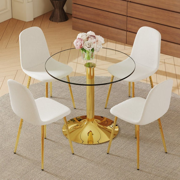 English Elm Table Set: 35" Round Transparent Glass Dining Table & 4 White Linen-Cotton Chairs With Gold Legs W1151S03701-GIGA