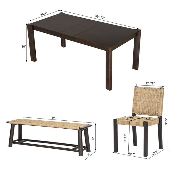 English Elm Modern Farmhouse Extendable Dining Table Set with Handwoven Rattan Chairs, Child‑Safe Rounded Edges, Expandable for 4‑8 Guests Walnut TWSET2025-1D