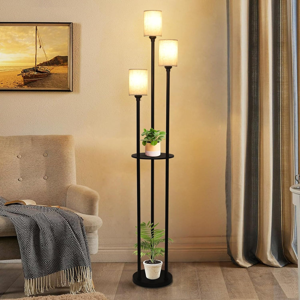 English Elm Floor Lamp With Shelves - 3-Light Industrial Design, Linen Shades & Foot Switch For Stylish Spaces W2738P185430