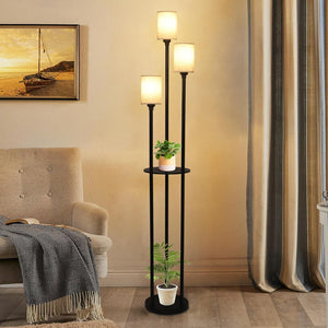 English Elm Floor Lamp With Shelves - 3-Light Industrial Design, Linen Shades & Foot Switch For Stylish Spaces W2738P185430