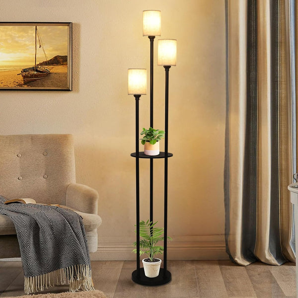 English Elm Floor Lamp With Shelves - 3-Light Industrial Design, Linen Shades & Foot Switch For Stylish Spaces W2738P185430