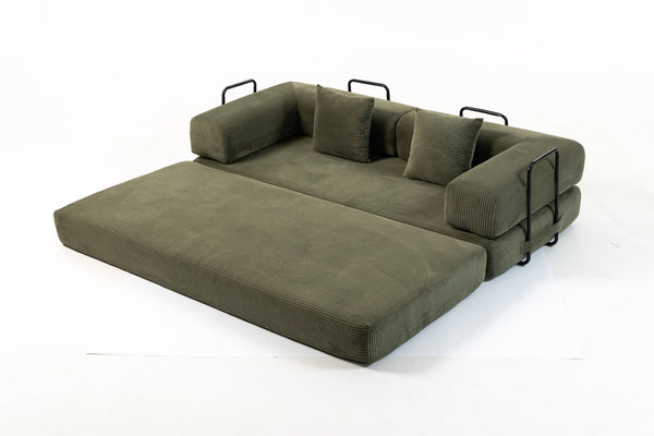 English Elm Full Foam Modular Sofa Bed Corduroy Upholstered Convertible Lounger for Studio Apartments Green W3326P450805