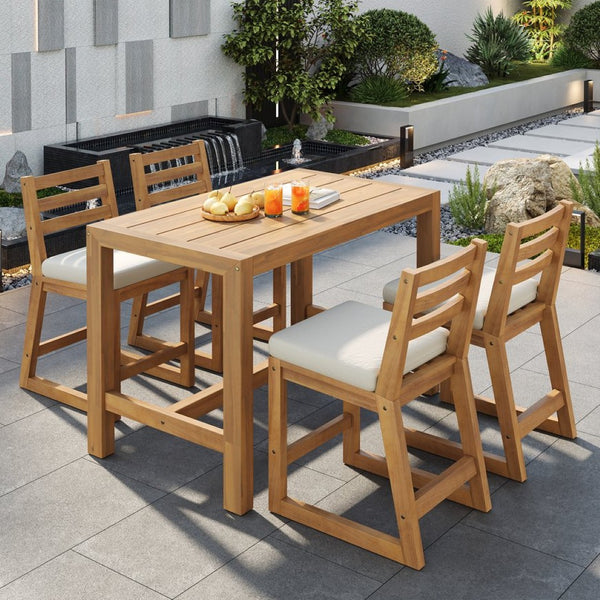 English Elm Trexm Solid Acacia Outdoor Bar Set Five Piece Rustic Slatted Counter Height Patio Light Teak TM000029AAD