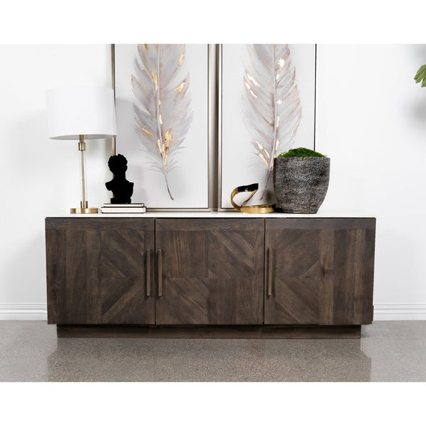 English Elm Metzger Marble Top Sideboard with Checkerboard Doors and Mango Wood Storage B062S01481