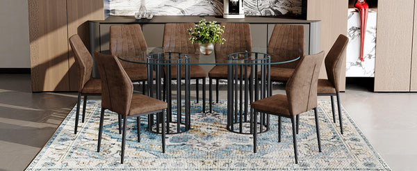 English Elm Table Set Oval Tempered Glass 71 Inch Top with Eight Faux Suede Chairs Modern Dining W1151S04760