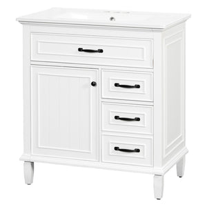 English Elm 30 Inch Freestanding Bathroom Vanity Solid Pine Cabinet Ceramic Sink Top Storage White N725P412782K