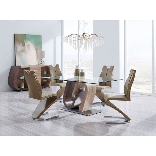 English Elm TONY Solid Wood Dining Table with Oak & Walnut Finish, Geometric Design, Chrome Accents, Stainless Base Brown+Beige 35.24 L x 30.12 W x 13.78 H B201S00029