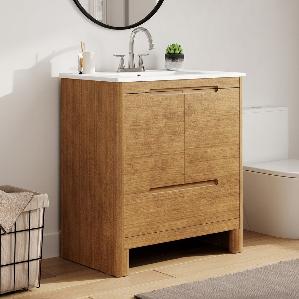 English Elm [video] 30 Inch Freestanding Bathroom Vanity Pine Legs Ceramic Sink Soft Close Storage Natural N759P412928N
