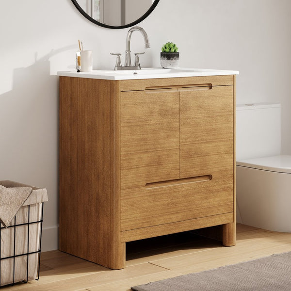 English Elm [video] 30 Inch Freestanding Bathroom Vanity Pine Legs Ceramic Sink Soft Close Storage Natural N759P412928N