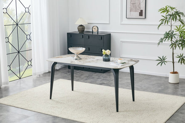 English Elm Modern Sintered Stone Rectangular Dining Table with Gold Accent Metal Base W3493S00016