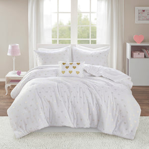 JLA Home Mi Zone - Metallic Rosalie Plush Comforter Set with Gold Heart Accents, Hypoallergenic OEKO-TEX, Machine Washable White/Gold MZ10-0651