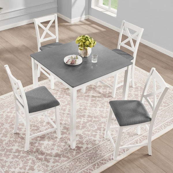 English Elm Elegant Square Acacia Wood Dining Set with Four Linen Upholstered Chairs Modern Style W1998S00104