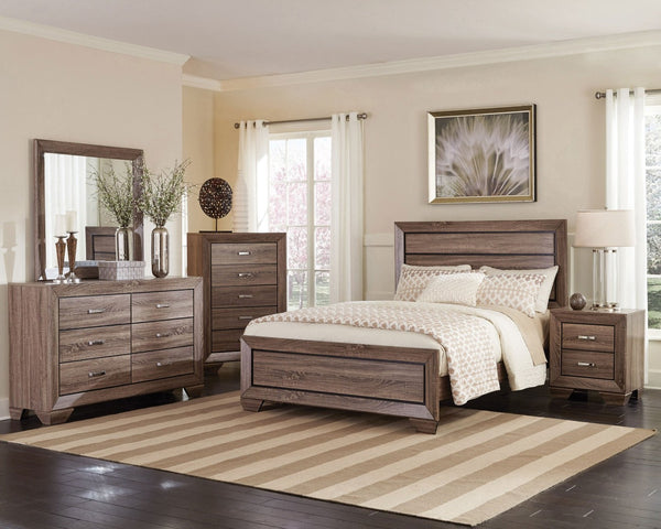English Elm Carina Queen Bedroom Set Grey Oak Paneled Headboard Nickel Hardware Five Piece Taupe B062S00732