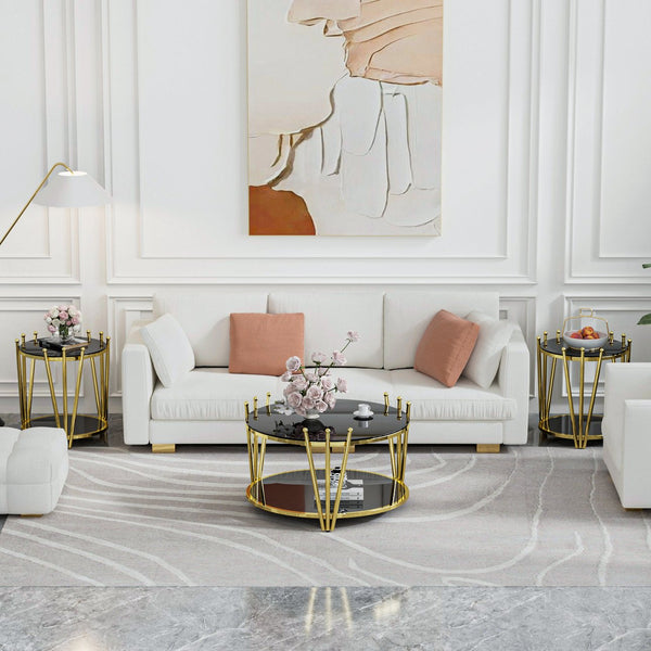 English Elm 31.5inch Modern Luxury Gold Coffee Table with Two-Tier Storage, Tempered Glass Top, Elegant Crown Design Black W1550P171454