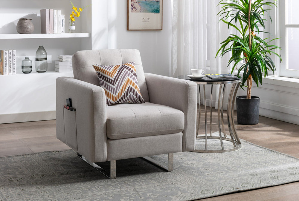 English Elm Victoria Tufted Linen Accent Armchair with Silver Legs Side Pockets and Throw Pillow B06177997